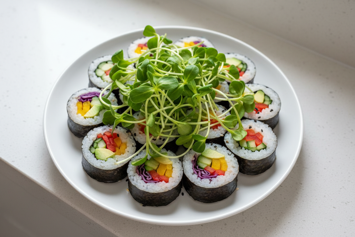 kiełki słonecznika na warzywnym sushi