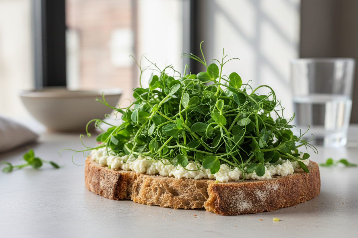 Kliełki groszka cukrowego na kanapce.