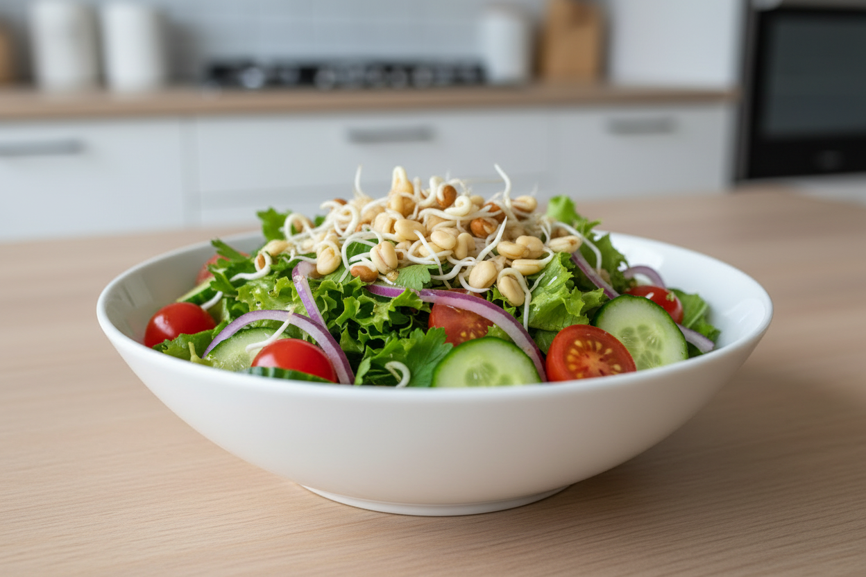 wkomponuj te kiełki na sałatce, na wierzchu sałatki.